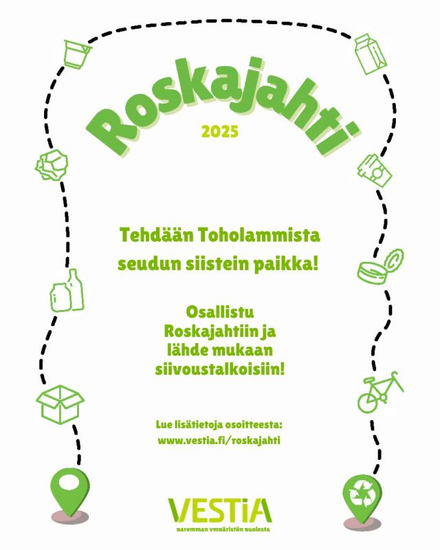 ♻️ Toholampi on mukana Vestia Oy:n järjestämässä Roskajahti-kampanjassa, jossa siivotaan ympäristöä roskista ja kisaillaan muiden kampanjaan osallistuvien Vestian omistajakuntien kanssa!

♻️ Roskalava on jo paikallaan Toholammin torialueella, ja kampanjan aloitustapahtuma makkaratarjoiluineen on Lampin suojalla torstaina 24.4. klo 13-15. Paikalla myös mm. Vestian kierrätysneuvontaa. Siivoustalkoisiin lähtijät saavat mukaansa roskapusseja, ja kirjastosta on mahdollisuus lainata roskapihtejä.

♻️ Roskajahti-kampanja on käynnissä Toholammilla 24.4.-8.5.2025. Kampanjaan voi osallistua kuka tahansa keräämällä roskia ympäristöstä ja toimittamalla ne Vestian lavalle. Kerätyt roskapussit voi ilmoittaa Vestian sivuilta löytyvään laskuriin:  vestia.fi/roskajahti.

@vestiaoy #roskajahti #roskakampanja #roskienkeräys #kierrätysneuvonta #toholamminkunta #toholampi #luonnollinenkotilaakso
