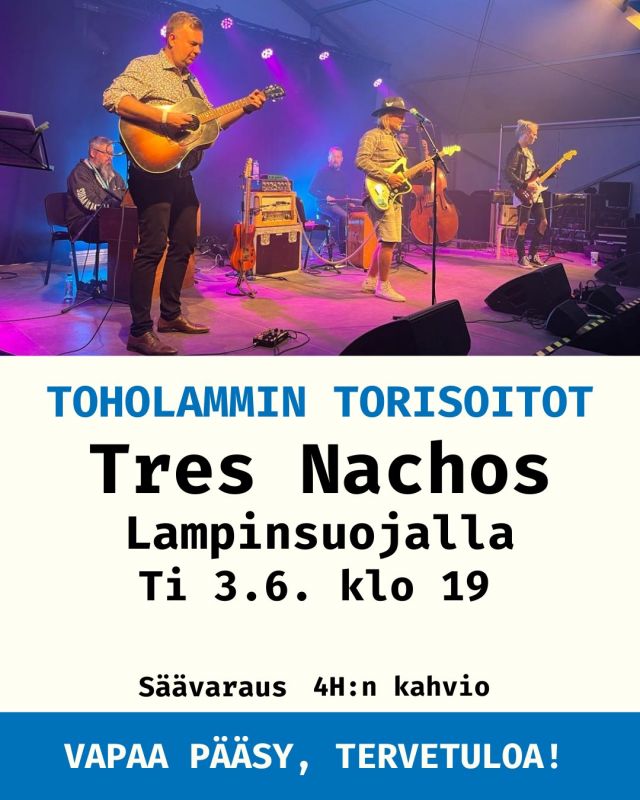 🌞 Odotetut ja perinteiset Toholammin torisoitot käynnistyvät komeasti tiistaina 3.6. klo 19 keskipohjalaisen Tres Nachos -kokoonpanon keikalla! 

🎸 Yhtye kuvailee musiikkian Facebook-sivuillansa: "Originaalia piikkilankafolkia, americanaa, enkeliskaa, irkkustankkuja ym. hubaisaa instrumentaalia twang-kitaralla putkiradion kautta tarjoiltuna".

Lampinsuoja sijaitsee Toholammin torilla Kirkkotien varressa. Toholammin 4H pitää kahviota. Säävaraus!

#toholammintorisoitot #torisoitot #lampinsuoja #ulkoilmakonsertti #säävaraus #toholampi #luonnollinenkotilaakso