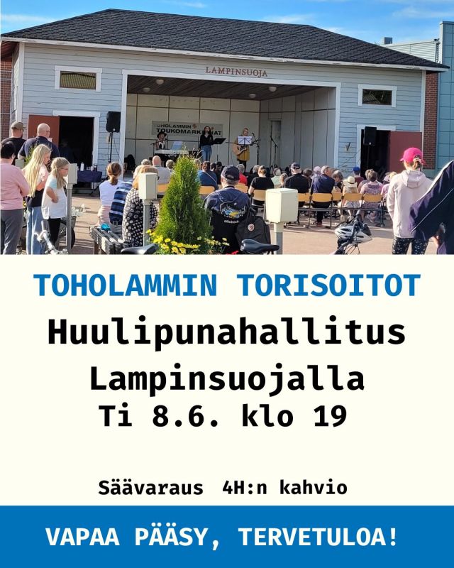 🎶 Toholammin torisoitot jatkuvat Lampinsuojalla!

Tiistaina 8.6. klo 19 alkaen esiintymässä on Huulipunahallitus feat. pojat:

Eliisa Haapamäki – koskettimet; laulu
Sanna Jokela – laulu
Mikko Kangasvieri – basso
Mika Kangasvieri - kitara
Tommi Virkkala - rummut

Lampinsuoja sijaitsee Toholammin torilla Kirkkotien varressa. Toholammin 4H pitää kahviota. Säävaraus!

#toholammintorisoitot #torisoitot #lampinsuoja #ulkoilmakonsertti #konsertti #toholampi #luonnollinenkotilaakso