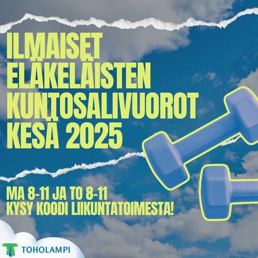 @toholamminvapaaaikatoimi tiedottaa: Toholammin kuntosalilla on käytössä 15.5.-31.8.2025 välisenä aikana lamppilaisille eläkeläisille vapaat kuntosalivuorot maanantaisin ja torstaisin klo 8-11.

Päästääksesi  kuntosalille tulee sinun ottaa yhteyttä liikunta- ja nuorisosihteerimme Timoon  p. 040 150 5233.

Vuoroilla tuetaan eläkeläisten omaehtoista liikkumista kunnan ohjattujen kuntosaliryhmien ollessa kesätauolla.

#kuntosalivuoro #kuntosali #liikuntatoimi #toholamminkunta #toholampi #luonnollinenkotilaakso