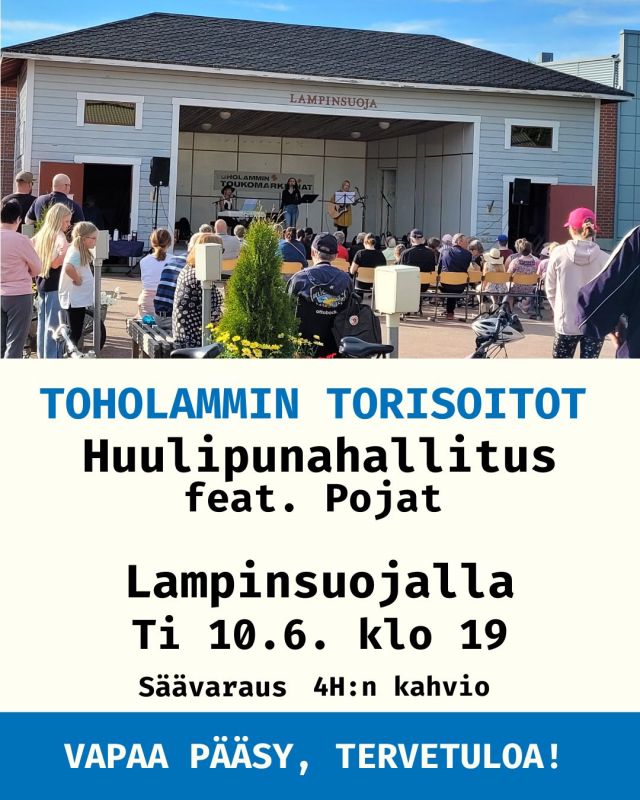 🎶 Toholammin torisoitot jatkuvat Lampinsuojalla!

Tiistaina 10.6. klo 19 alkaen esiintymässä on Huulipunahallitus feat. pojat:

Eliisa Haapamäki – koskettimet; laulu
Sanna Jokela – laulu
Mikko Kangasvieri – basso
Mika Kangasvieri - kitara
Tommi Virkkala - rummut

Lampinsuoja sijaitsee Toholammin torilla Kirkkotien varressa. Toholammin 4H pitää kahviota. Säävaraus!

#toholammintorisoitot #torisoitot #eläväämusiikkia #ulkoilmakonsertti #konsertti #lampinsuoja #toholampi #luonnollinenkotilaakso